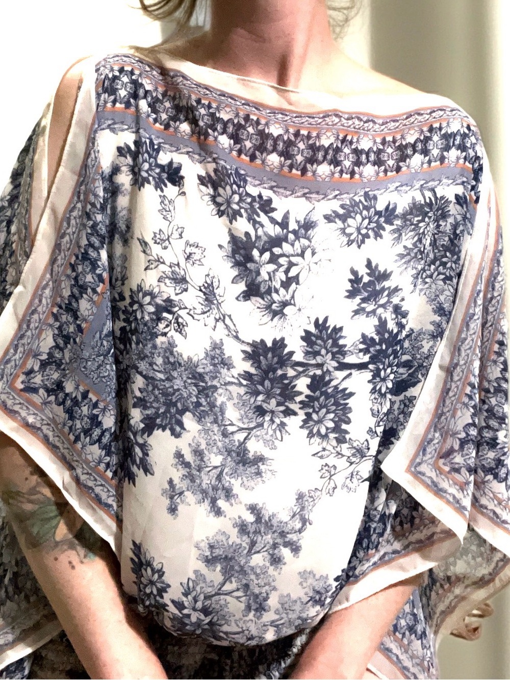 Max Studio Navy Floral and Cream Sheer Top with Peach Trim